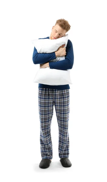 白い背景に枕を持つ眠い男 — ストック写真