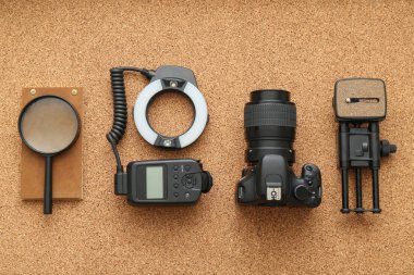 Mantar arka planda profesyonel fotoğrafçı modern ekipman