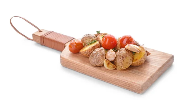 Board with tasty baked potato on white background — Stock Photo, Image