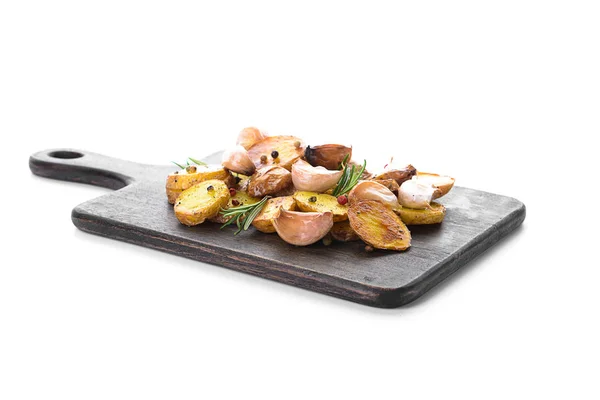 Board with tasty baked potato on white background — Stock Photo, Image