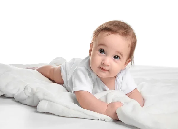 Retrato de menino adorável no fundo branco — Fotografia de Stock