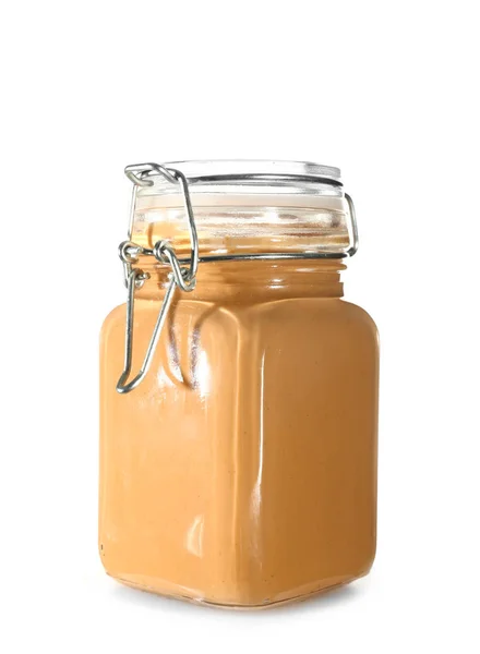 Frasco com manteiga de amendoim sobre fundo branco — Fotografia de Stock