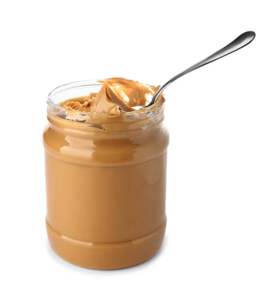 Glas mit Erdnussbutter auf weißem Hintergrund — Stockfoto