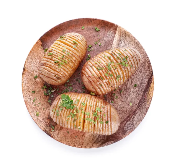 Plate with tasty baked potato on white background — Stock Photo, Image
