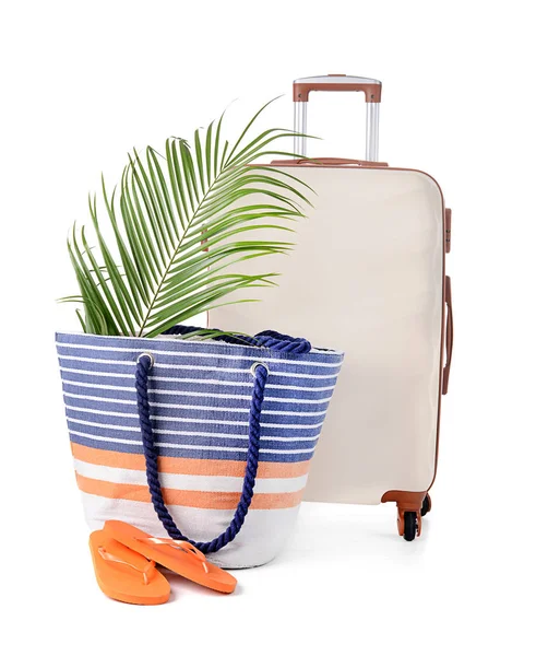 Packed suitcase and beach bag on white background — Stock Photo, Image