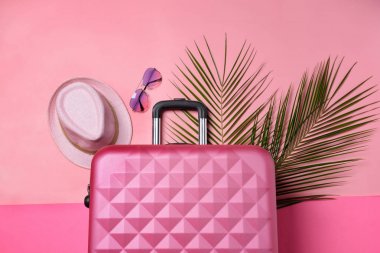 Bavul, tropikal yaprakları, güneş gözlüğü ve şapka renk arka plan üzerinde. Seyahat konsepti