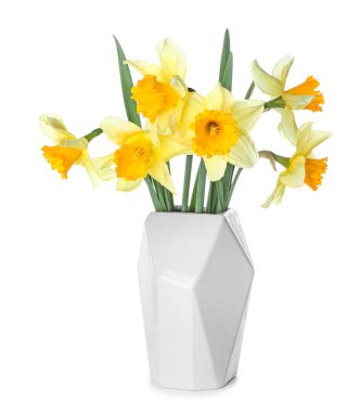 Beyaz arka planda güzel nergisli vazo