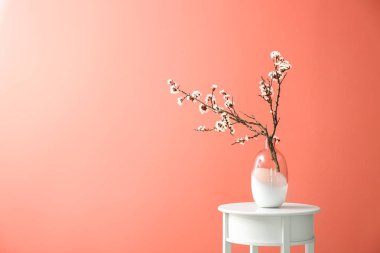 Masanın üzerinde renk arkaplanına karşı çiçek açan güzel dalları olan vazo