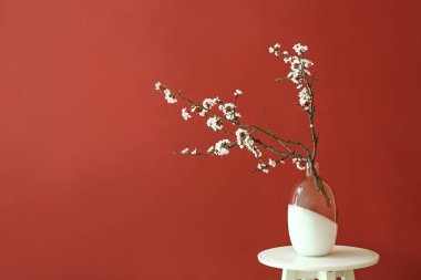 Masanın üzerinde renk arkaplanına karşı çiçek açan güzel dalları olan vazo