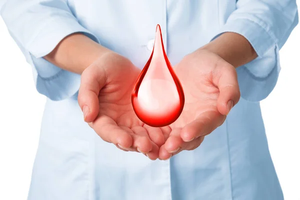 Female doctor with drop of blood on white background, closeup — Stock Photo, Image