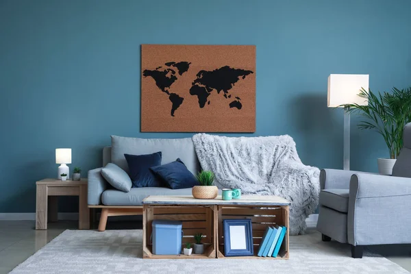 Interior of beautiful room with picture of world map