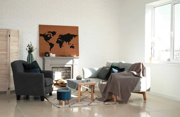 Interior of beautiful room with picture of world map