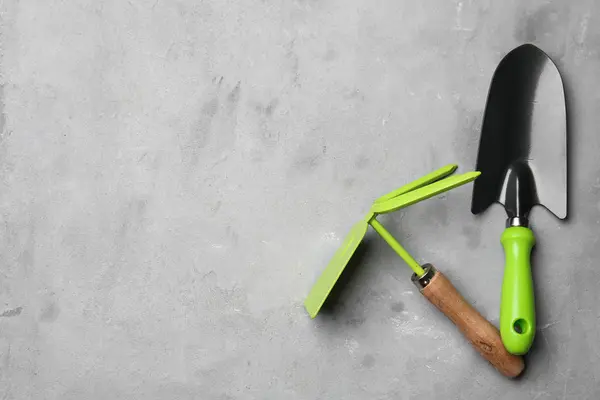 Gardening tools on grey background — Stock Photo, Image