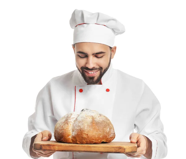 Koch mit frischem Brot auf weißem Hintergrund — Stockfoto