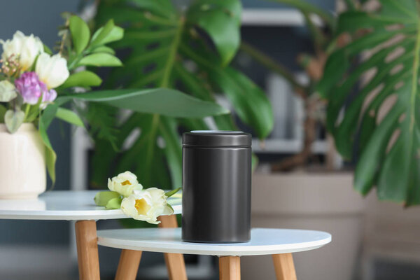Mortuary urn on table in room