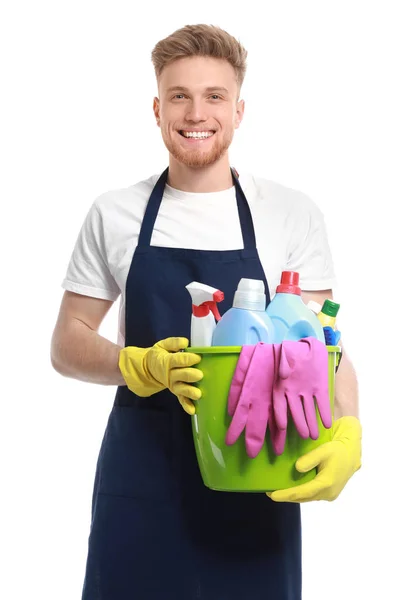 Portrait of male janitor with cleaning supplies on white background — Stock Photo, Image