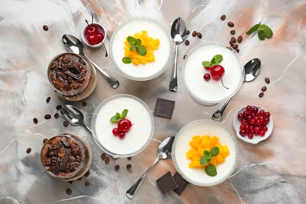 Delicious panna cotta on color background — Stock Photo, Image
