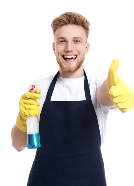 Portrét janitora s palcem nahoru na bílém pozadí — Stock fotografie