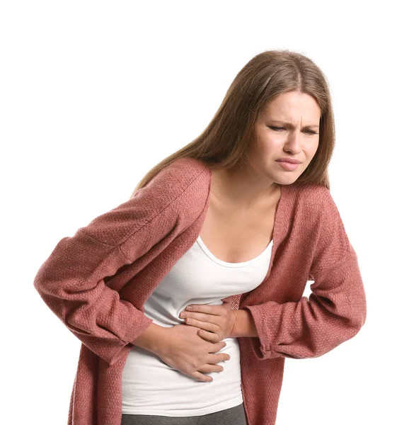 Pregnant woman suffering from toxicosis on white background — Stock Photo, Image