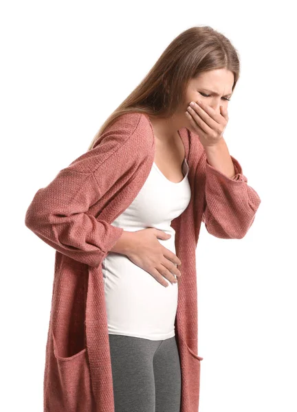 Mujer embarazada que sufre de toxicosis sobre fondo blanco —  Fotos de Stock