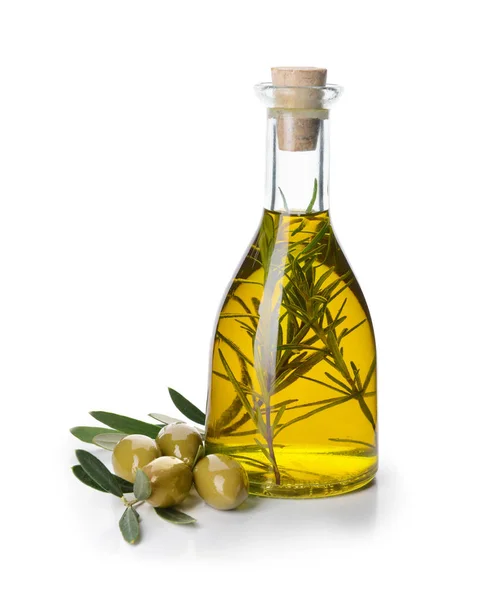 Bottle of tasty olive oil on white background — Stock Photo, Image