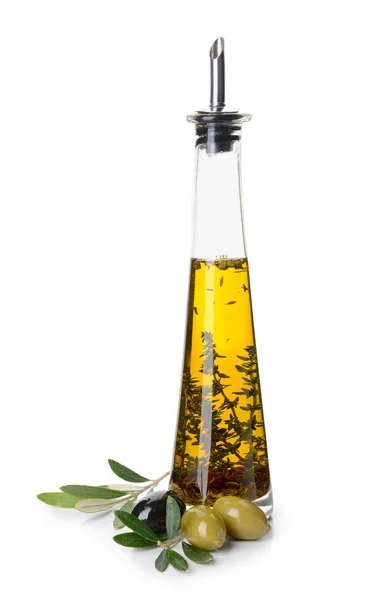 Bottle of tasty olive oil on white background — Stock Photo, Image