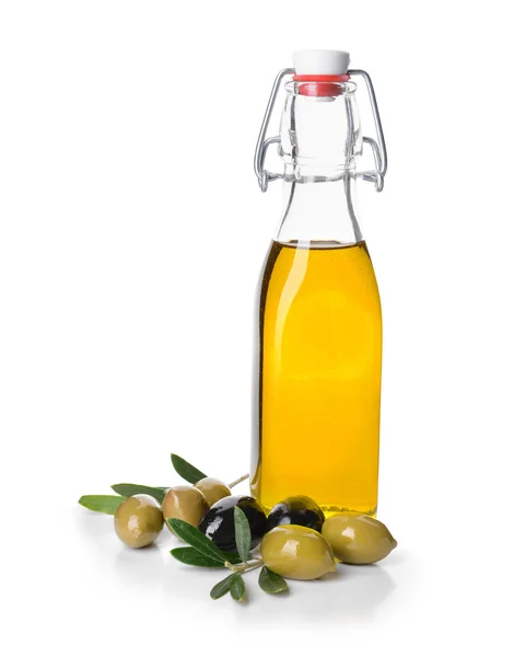 Bottle of tasty olive oil on white background — Stock Photo, Image