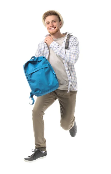 Running young tourist on white background — Stock Photo, Image