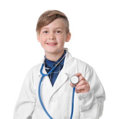 Beyaz arka plan üzerinde küçük doktor portresi