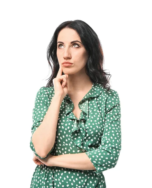 Retrato de mujer reflexiva sobre fondo blanco — Foto de Stock