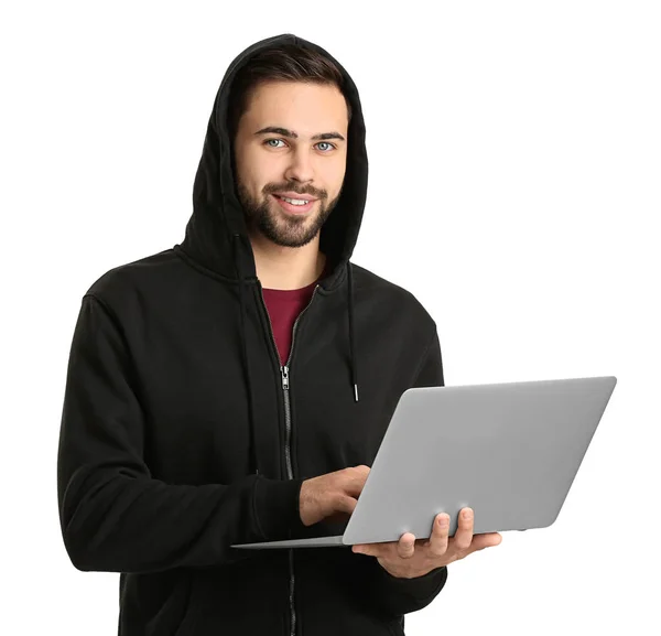 Muž programátor s notebookem na bílém pozadí — Stock fotografie