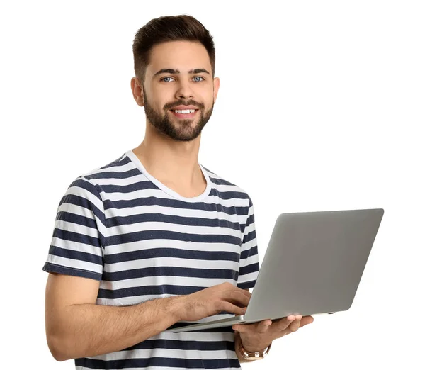 Muž programátor s notebookem na bílém pozadí — Stock fotografie