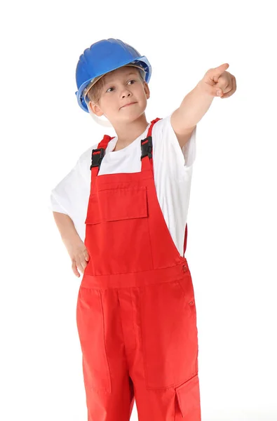 Portrait of little builder on white background — Stock Photo, Image