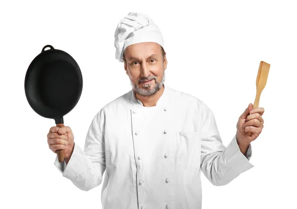 Retrato de belo chef maduro no fundo branco — Fotografia de Stock