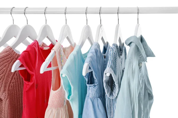Rack with stylish female clothes on white background — Stock Photo, Image