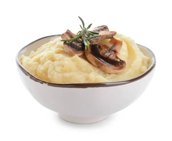 Bowl with tasty mashed potato on white background — Stock Photo, Image