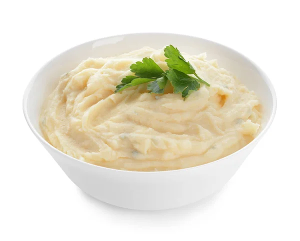 Bowl with tasty mashed potato on white background — Stock Photo, Image