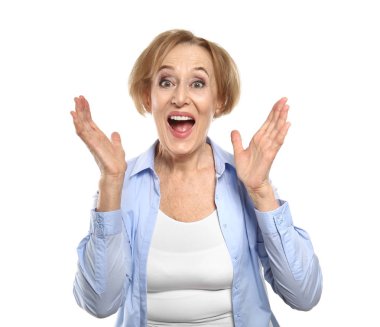 Beyaz arka plan üzerinde sürpriz Olgun kadın