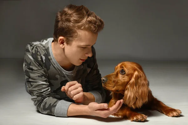 Teenage boy with cute dog on grey background — Stock Photo, Image