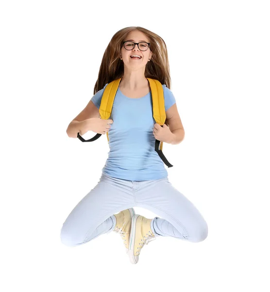 Jumping tiener meisje op witte achtergrond — Stockfoto