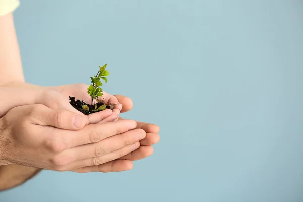 Man and child with young plant on color background — Stock Photo, Image