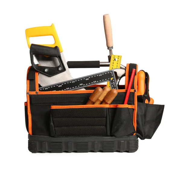 Bag with carpenter's tools on white background — Stock Photo, Image