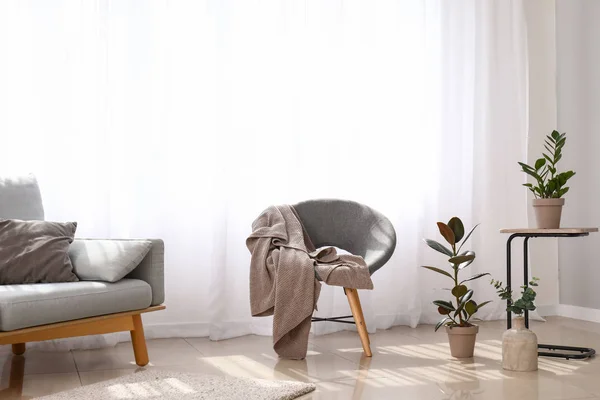 Lichtvorhänge mit stilvollen Möbeln im Innenraum — Stockfoto