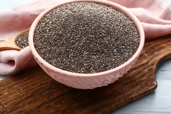 Bowl with chia seeds on table — Stock Photo, Image