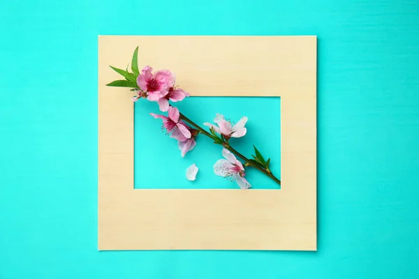 Vacker blommande gren och papper ram på färg bakgrund — Stockfoto