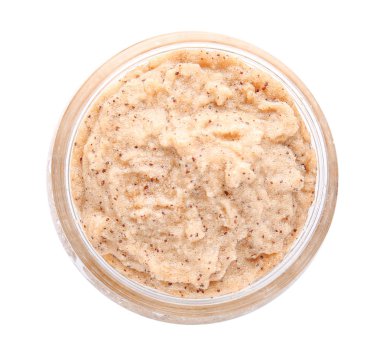 Beyaz arka planda vücut fırçası olan kavanoz