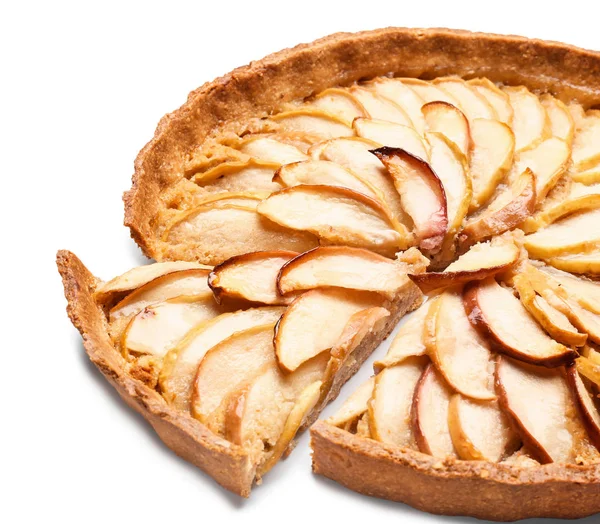 Tarte aux pommes savoureuse sur fond blanc — Photo