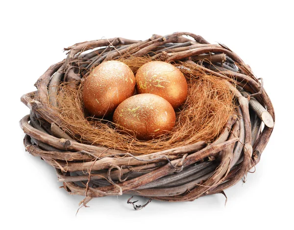 Ninho com belos ovos de Páscoa no fundo branco — Fotografia de Stock
