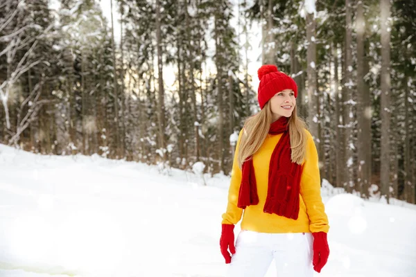 Beautiful young woman in winter forest — Stock Photo, Image