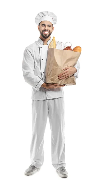 Chef com pão fresco sobre fundo branco — Fotografia de Stock